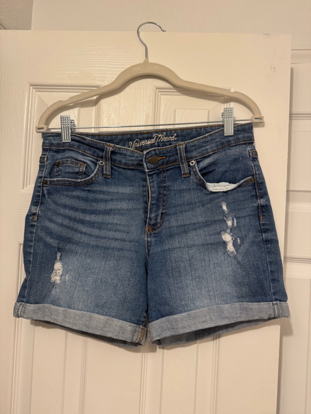 Universal Thread Blue Distressed Rolled-Hem Denim Shorts